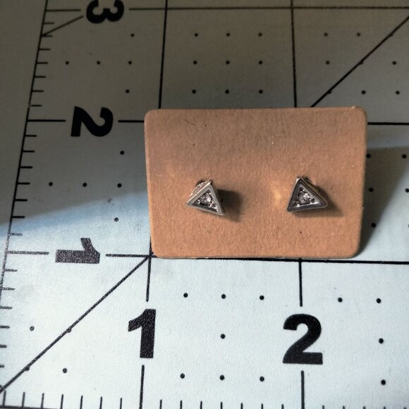 Triangle Silver Tone Stud Earrings Pierced Clear Crystal Rhinestone Accents - Picture 2 of 5